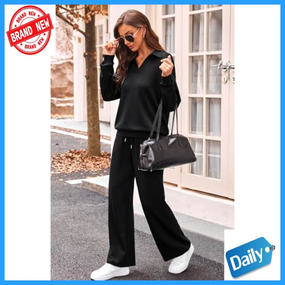 Women's 2-Piece Lounge Set Polo Collar Sweatshirt Straight Leg Sweatpants - Picture 3 of 7